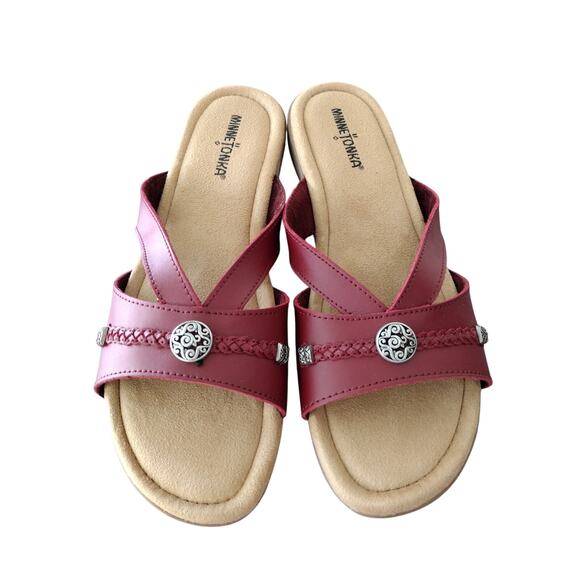 Minnetonka | NWOT Red Leather 'Siesta' Silver Accent Slide Sandals 11M #5902610 - Picture 1 of 12